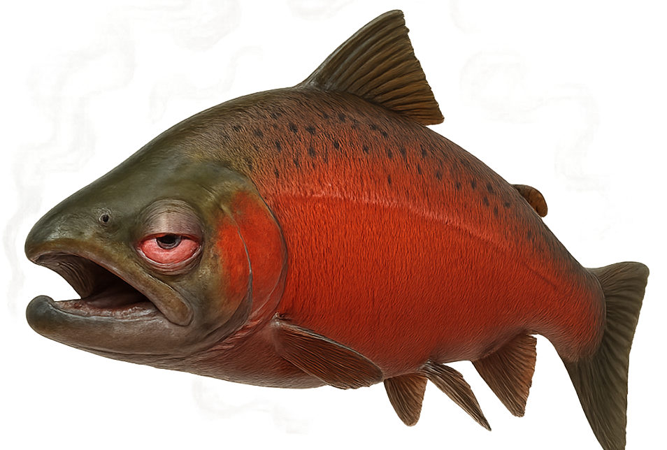 Illustration of a smoked salmon with text on a transparent background